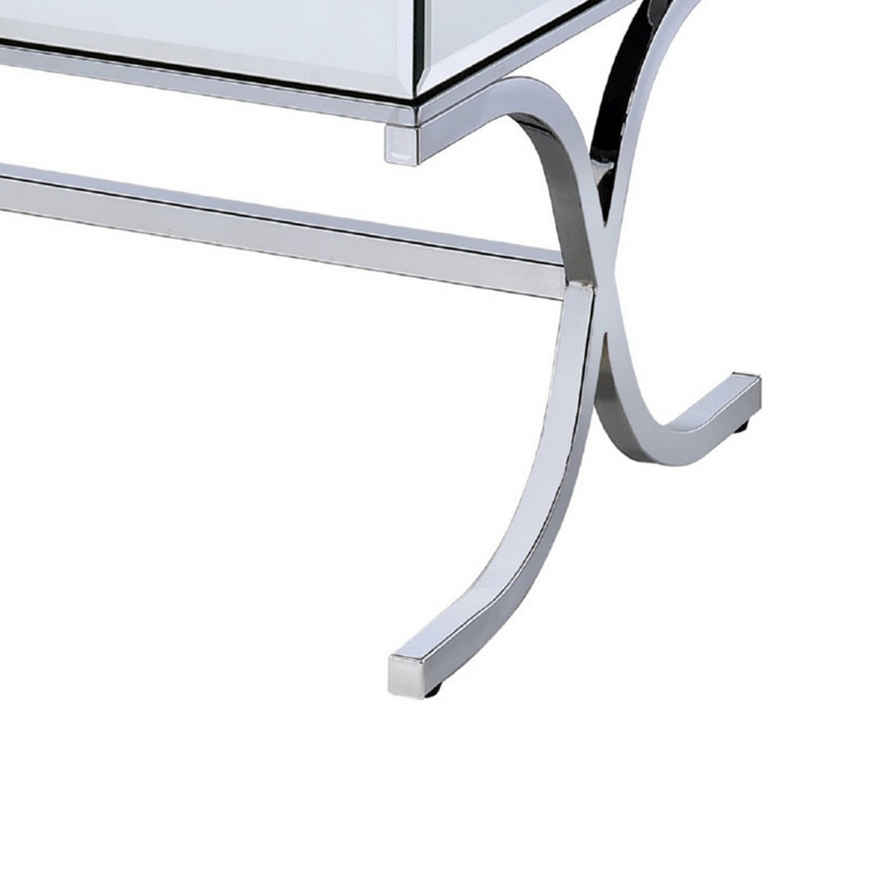 42 Inch Rectangular Coffee Table, Mirrored, X Shaped Metal Legs, Silver- Saltoro Sherpi