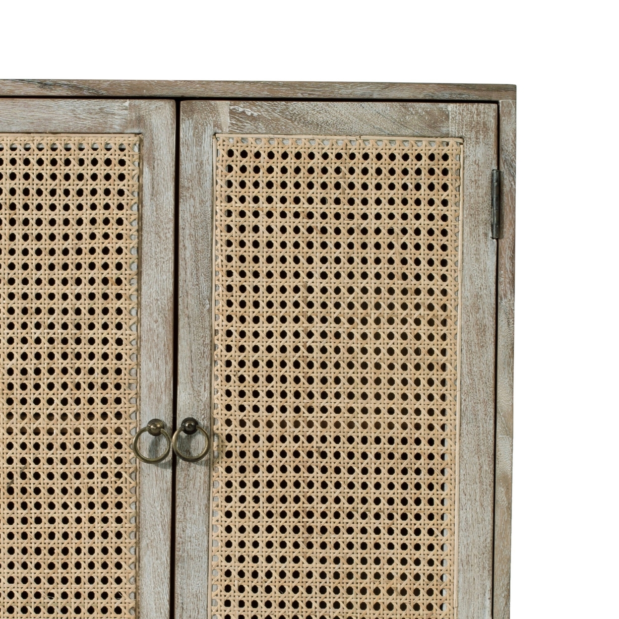 38 Inch 2 Door Cabinet, 1 Drawer, Acacia Wood, Cane Front, Weathered White- Saltoro Sherpi