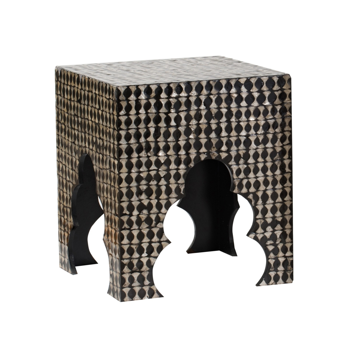 Lez 18, 20 Inch Capiz Accent Table Stool Set Of 2, Black, Pearl Mosaic Look- Saltoro Sherpi
