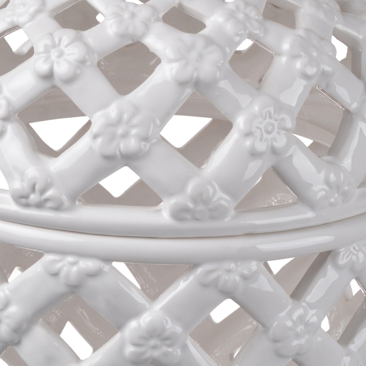 12 Inch Lidded Jar, Lattice Design And Decorative Flowers, White Ceramic- Saltoro Sherpi