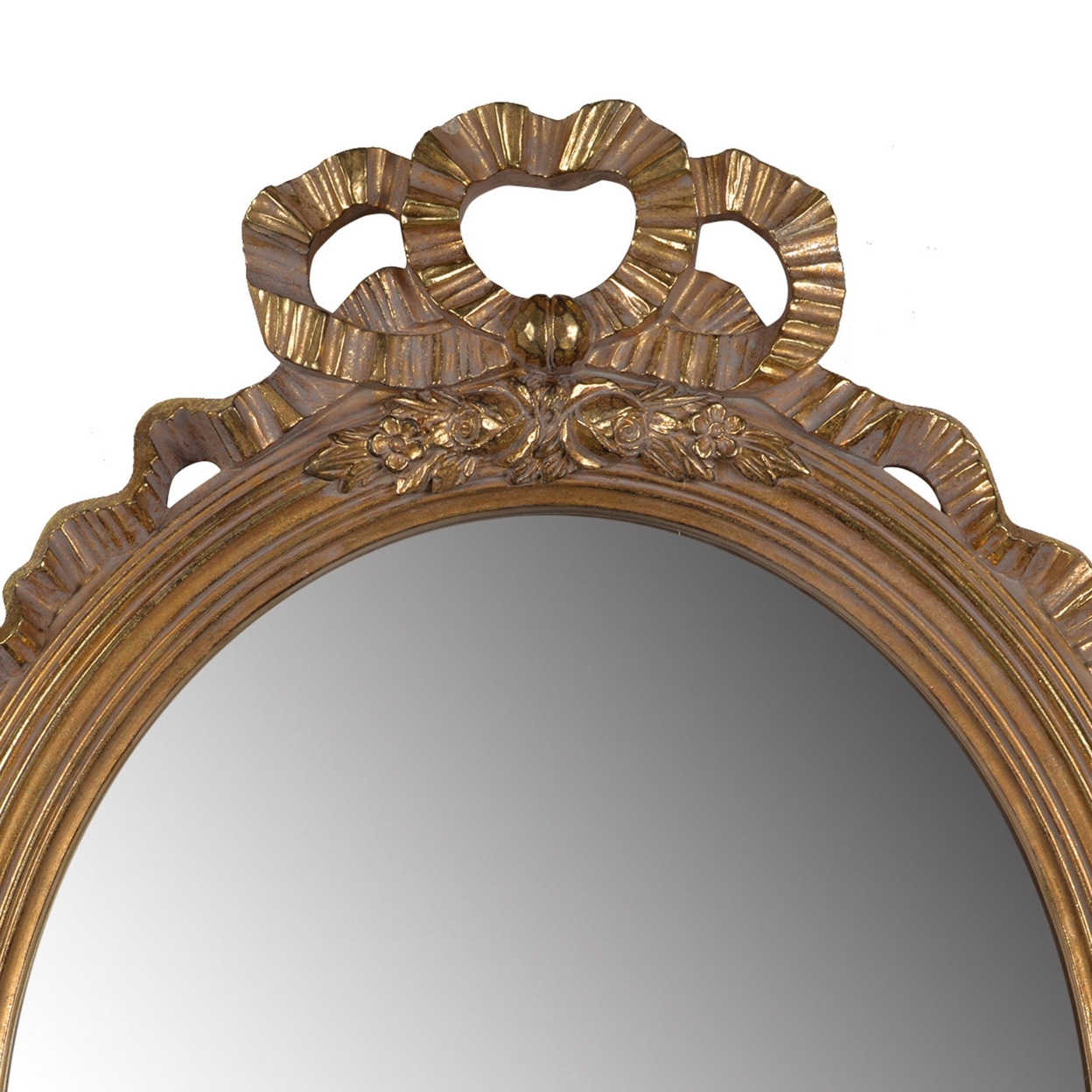26 Inch Wall Accent Mirror With Ornate Polyresin Floral Crest, Antique Gold- Saltoro Sherpi