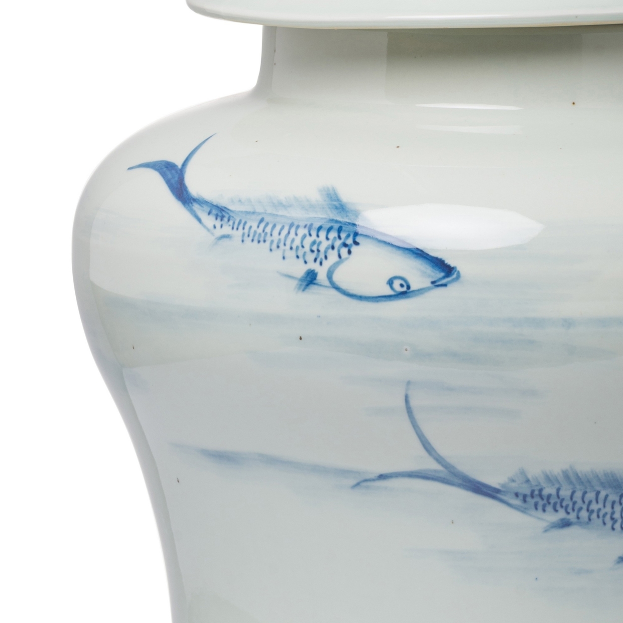 18 Inch Porcelain Ginger Jar, Artful Wispy Fish, Classic White And Blue- Saltoro Sherpi