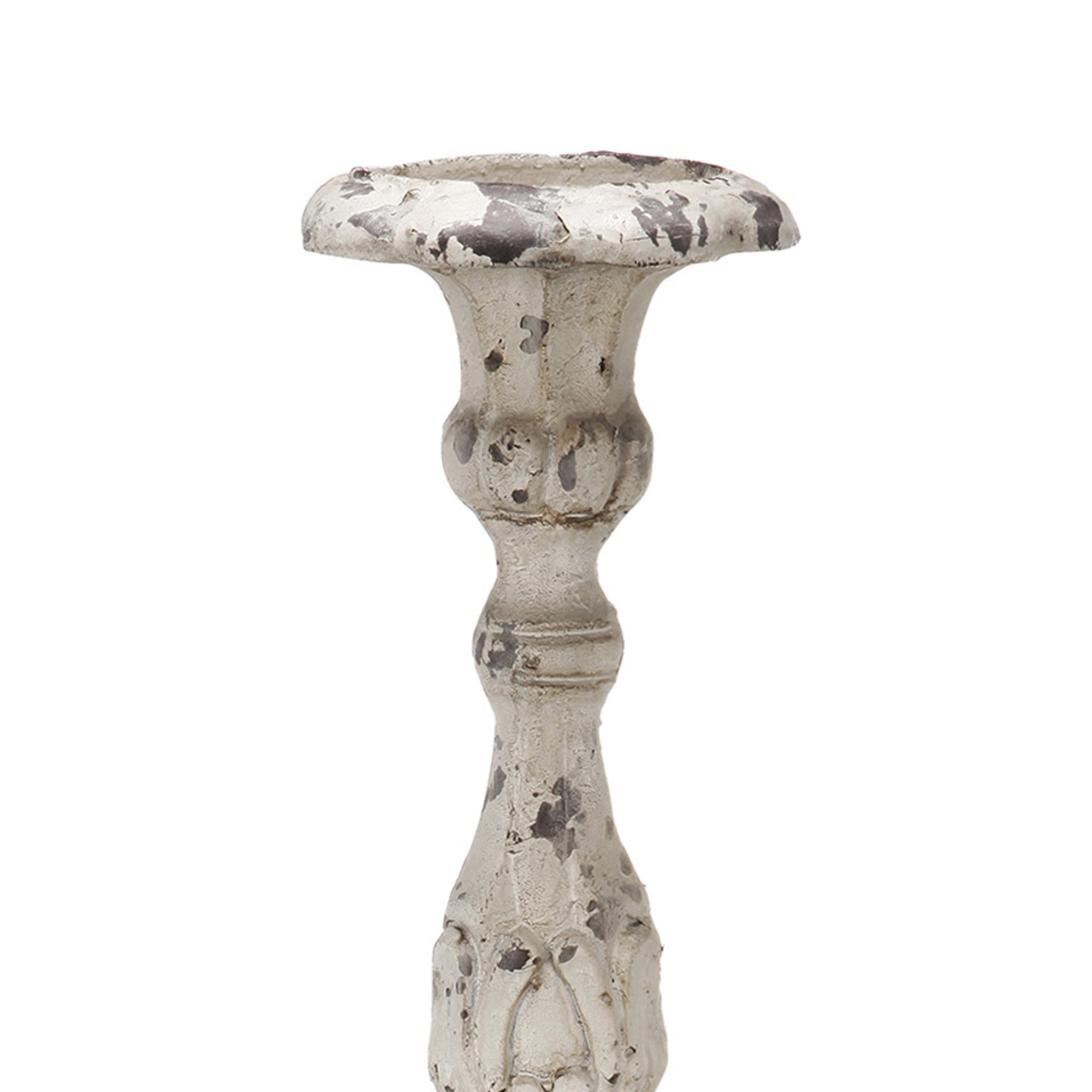 28 Inch Metal Candle Holder, Classical Turned Pedestal, Distressed White- Saltoro Sherpi