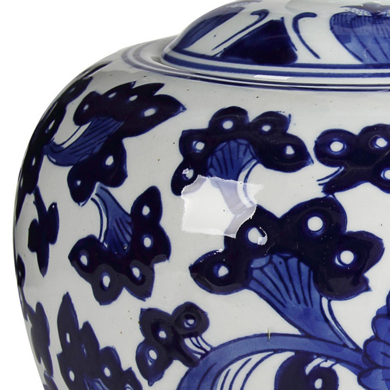 10 Inch Lidded Jar, Round Persian Floral Print, Blue And White Porcelain- Saltoro Sherpi