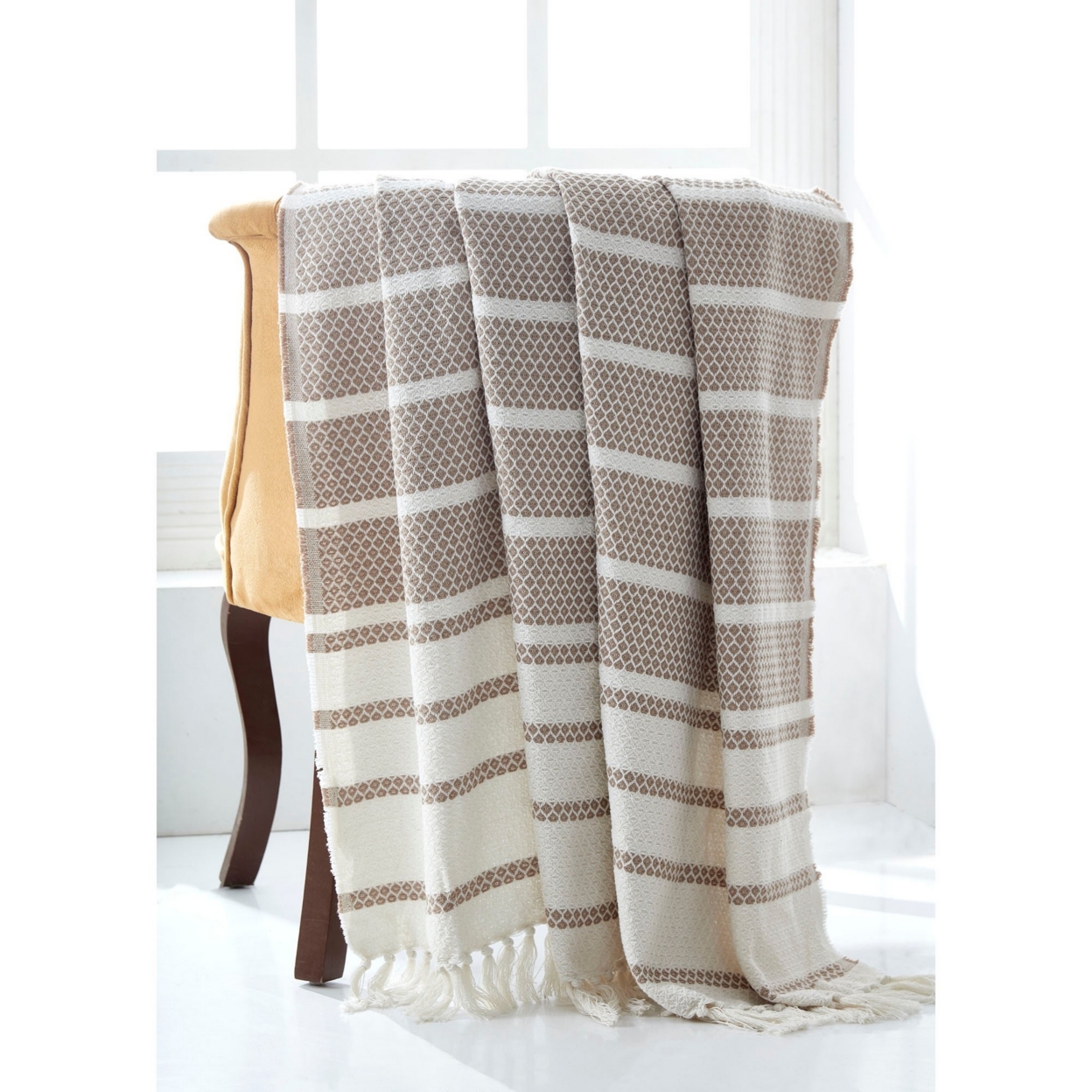 Ida 60 X 70 Throw Blanket With Diamond Knitted Cotton, Beige And White- Saltoro Sherpi