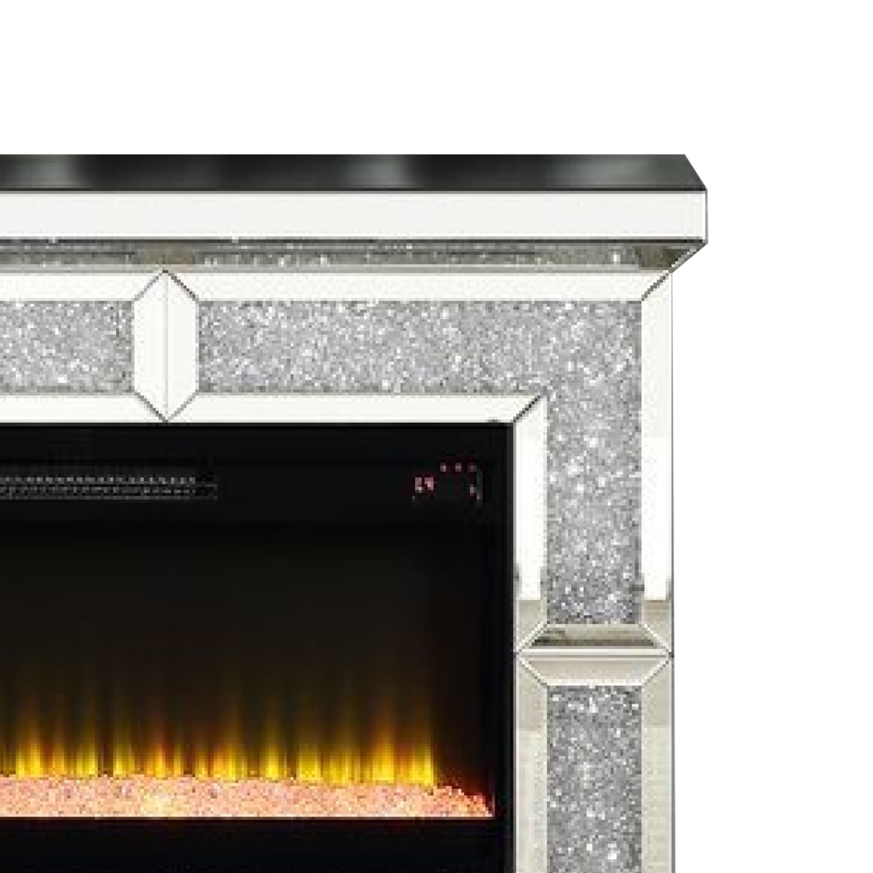 Noe 41 Inch Mirrored LED Electric Fireplace, Remote, Faux Diamond, Silver- Saltoro Sherpi