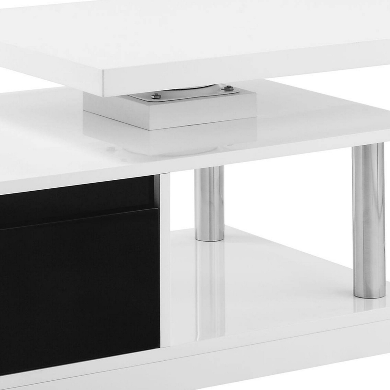Ida 63 Inch Modern Swivel Coffee Table, Stainless Steel Pillars,Gloss White- Saltoro Sherpi