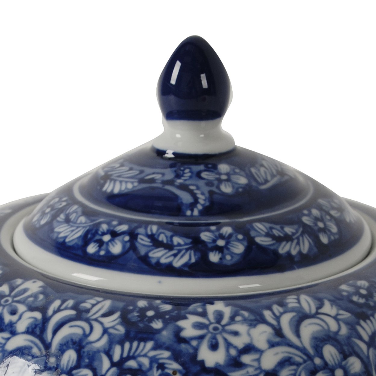 10 Inch Lidded Jar, Curved Round Persian Floral Print, Blue Porcelain- Saltoro Sherpi