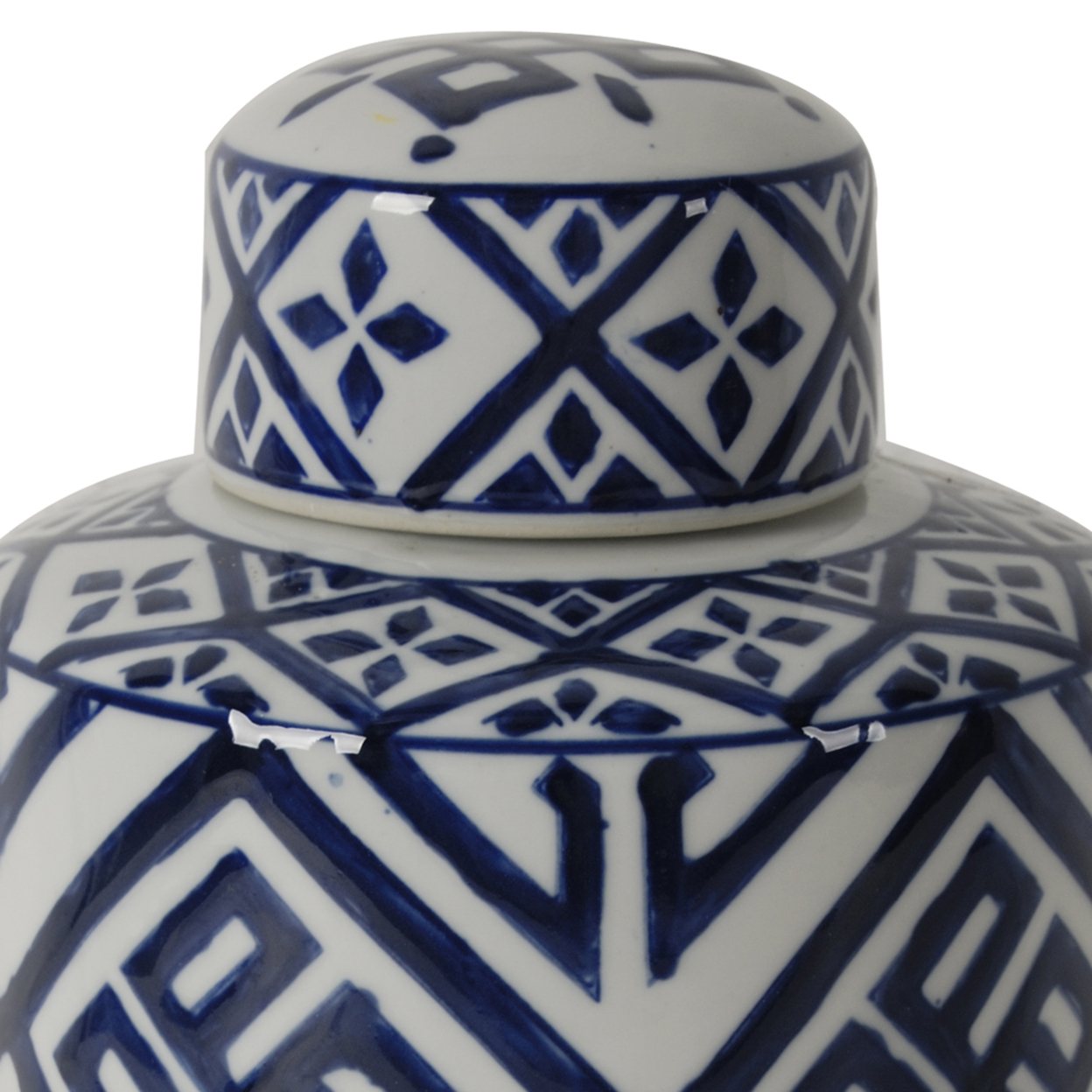 14 Inch Lidded Jar, Geometric Pattern, Cylindrical Blue And White Porcelain- Saltoro Sherpi
