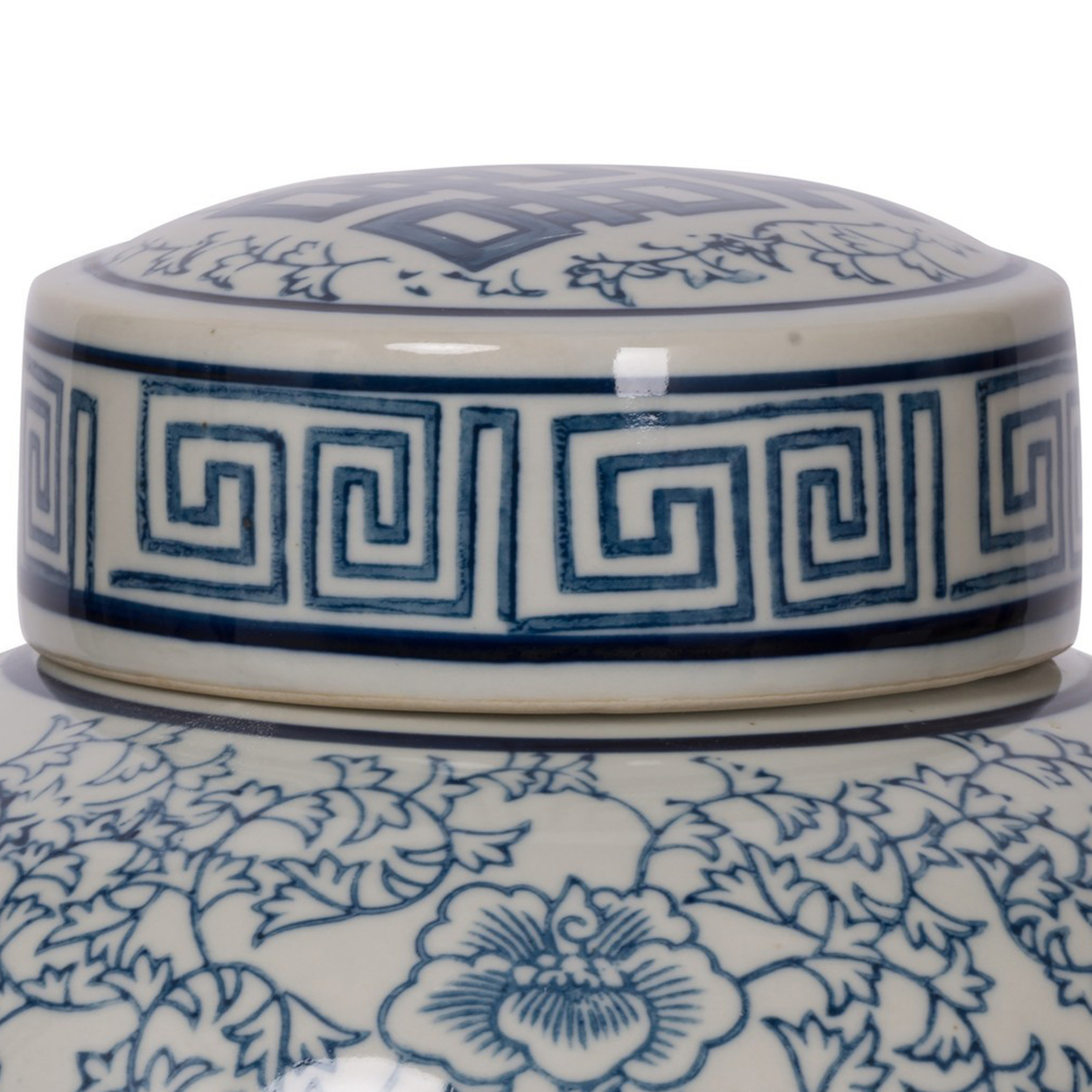 10 Inch Lidded Jar, Curved Round Blue Finished Ceramic, Orchid And Flowers- Saltoro Sherpi