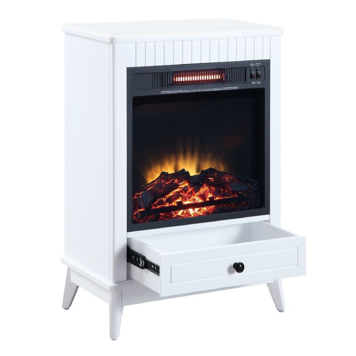 Etu 32 Inch Wood End Table With LED Electric Fireplace, 1 Drawer, White- Saltoro Sherpi