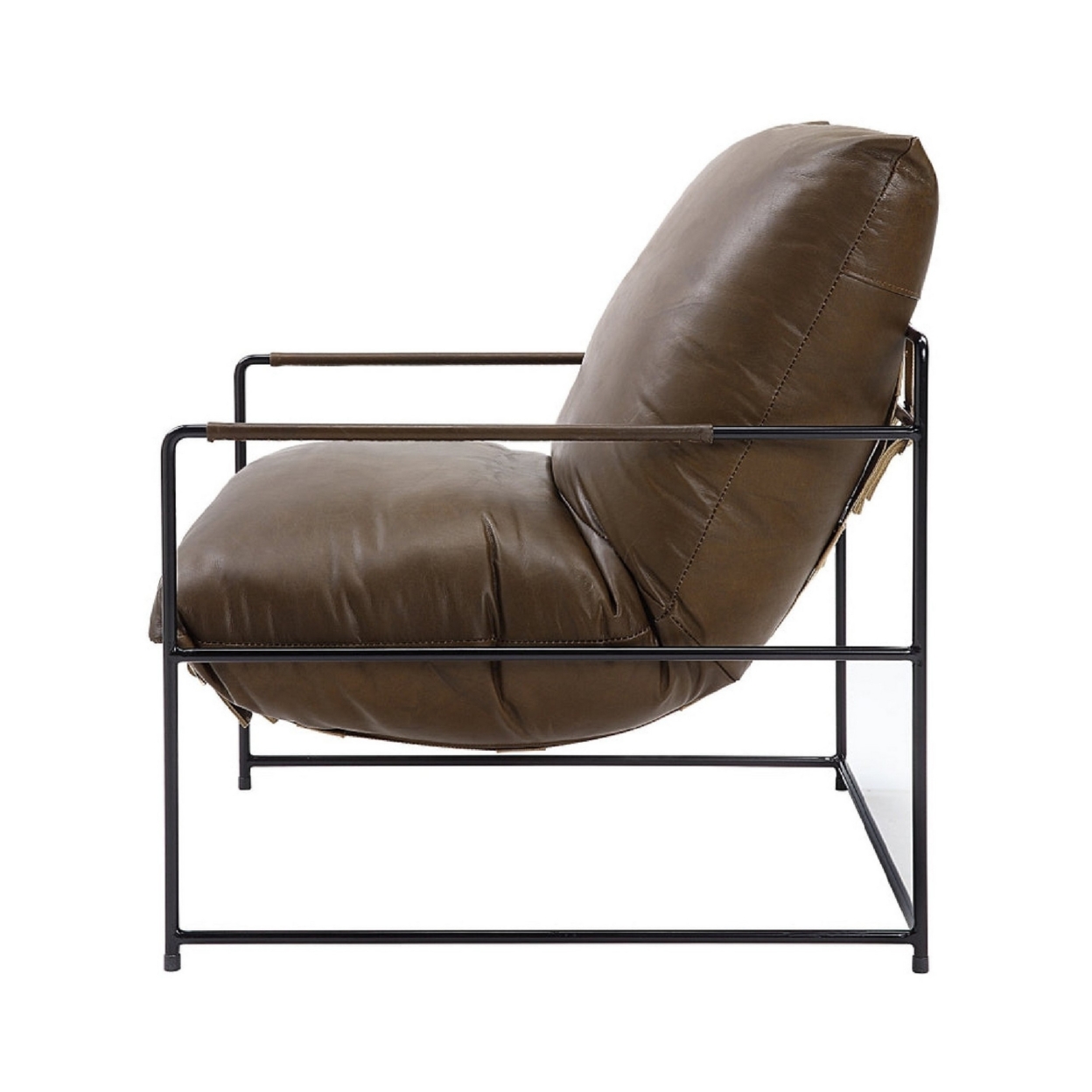 Tim 32 Inch Accent Chair, Top Grain Leather Seat, Metal Frame, Brown- Saltoro Sherpi