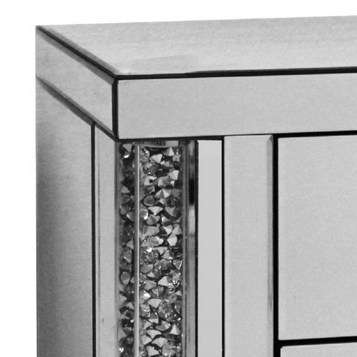 Noe 26 Inch 3 Drawer Accent Table Nightstand, Mirrored, Faux Diamond Inlay, Silver- Saltoro Sherpi