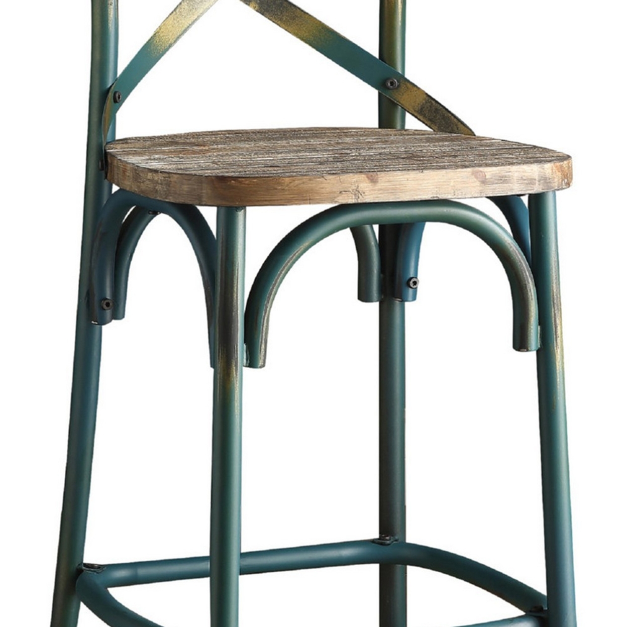 Chad 29 Inch Modern Bar Height Chair, Footrest, X Backrest, Green, Oak Wood- Saltoro Sherpi