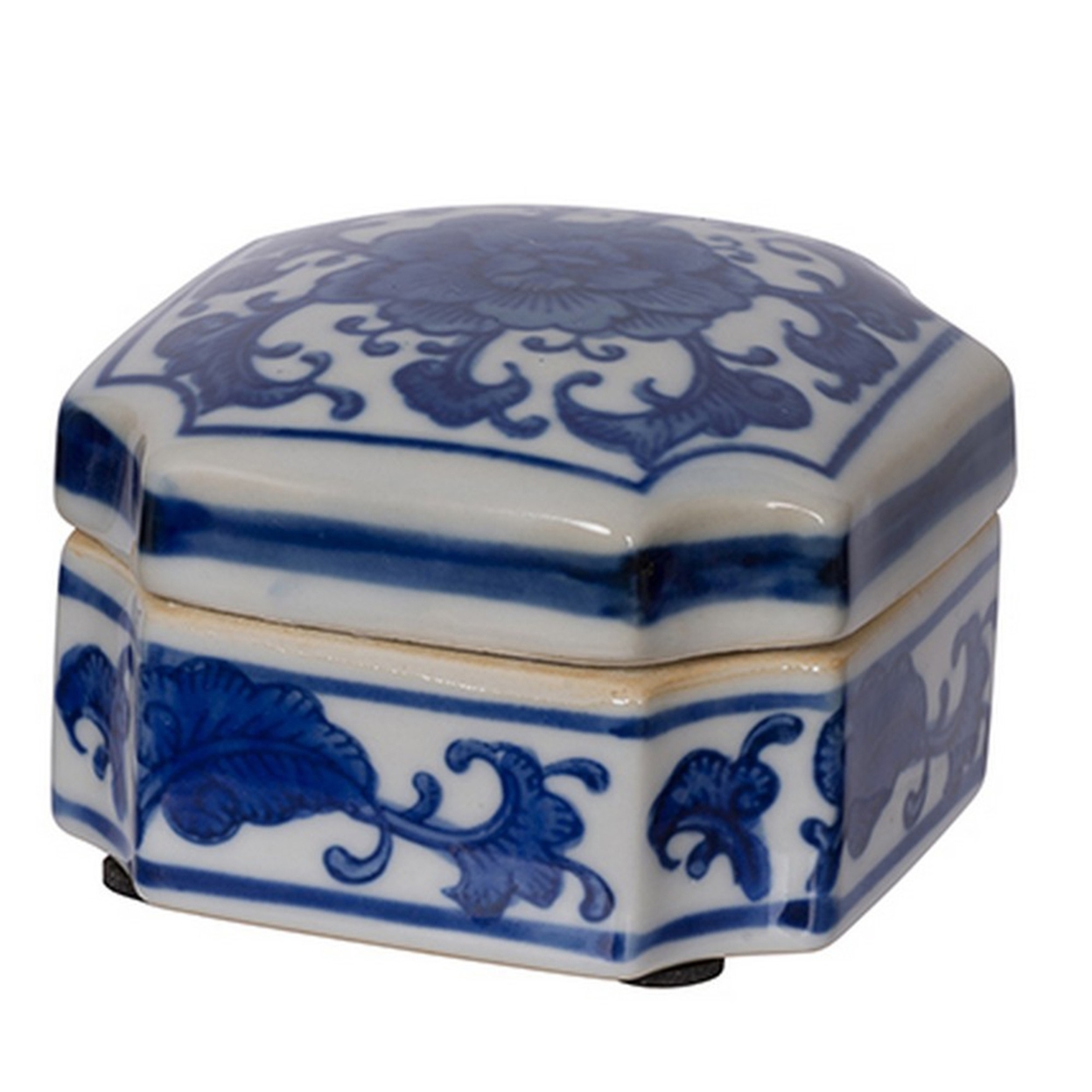 Set Of 3 Decorative Boxes, White And Blue Porcelain Pottery, Floral Designs- Saltoro Sherpi