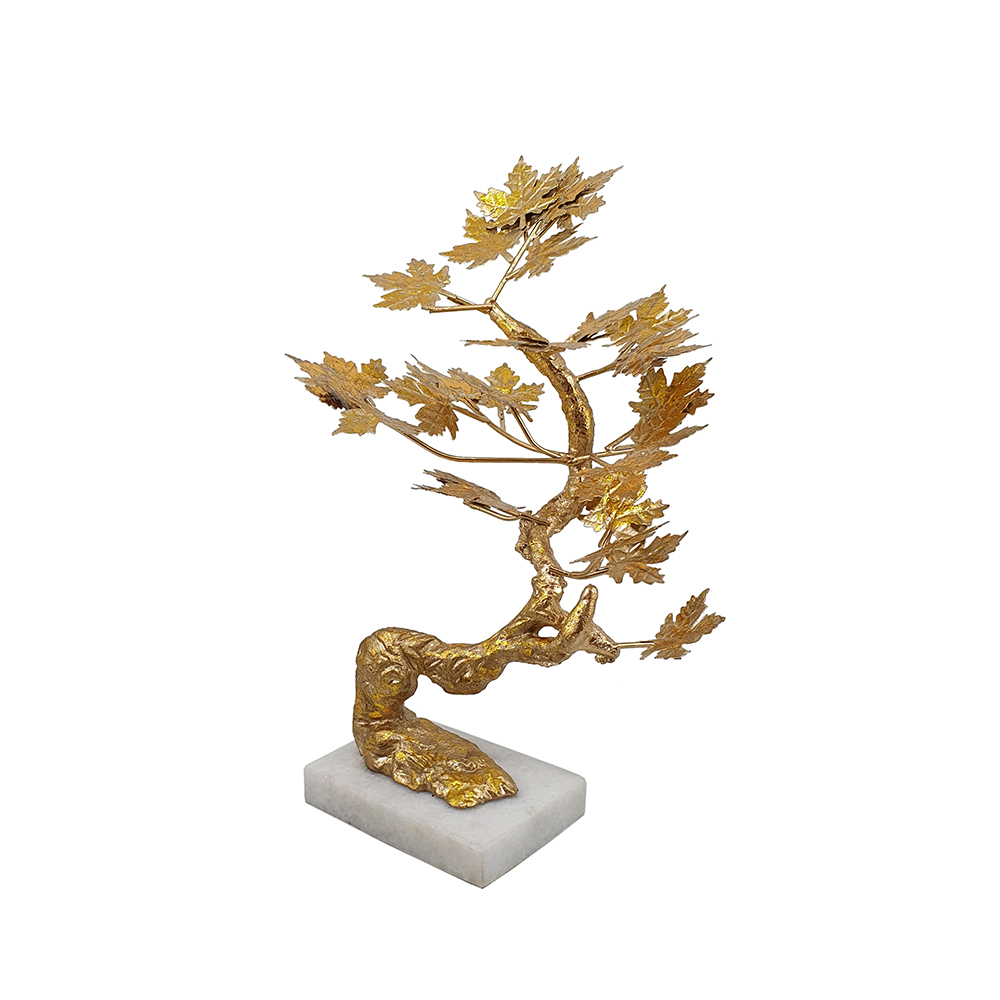 17 Inch Maple Tree Accent Decor With Leaves, Metal On A Marble Base, Gold- Saltoro Sherpi