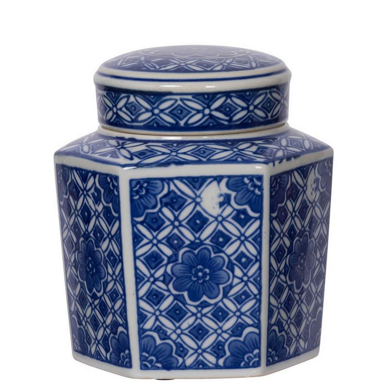 6, 6, 7 Inch Lidded Jars, Persian Inspired Blue Flowers, Curved, Set Of 3- Saltoro Sherpi