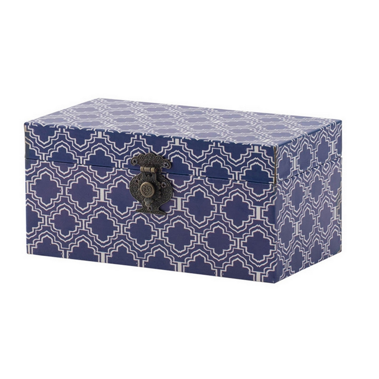 12, 10 Inch Wood Boxes, Classic Blue And White Quatrefoil Design, Set Of 2- Saltoro Sherpi