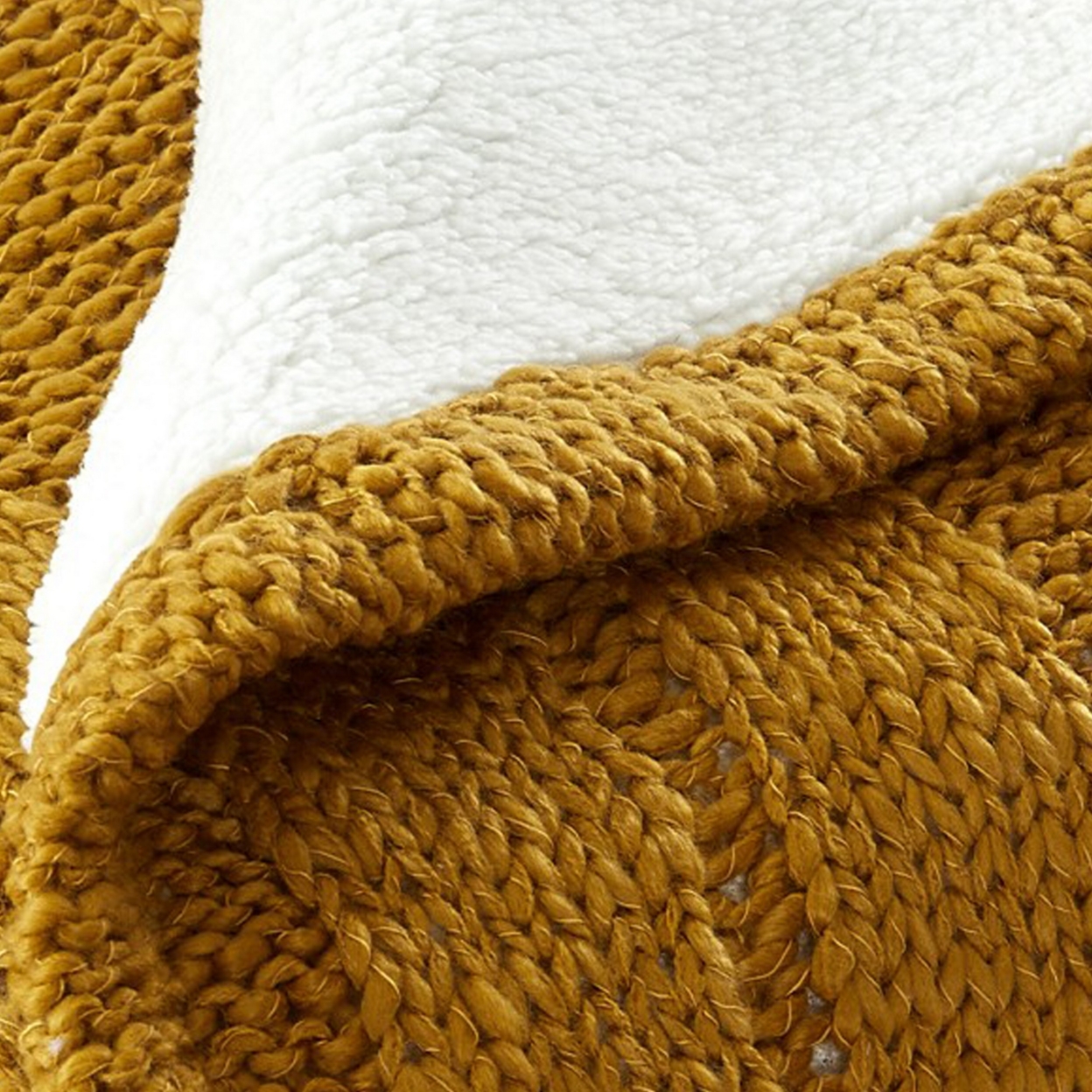 Lois 50 X 60 Throw Blanket With Cable Knit And Sherpa, Acrylic, Gold, White- Saltoro Sherpi
