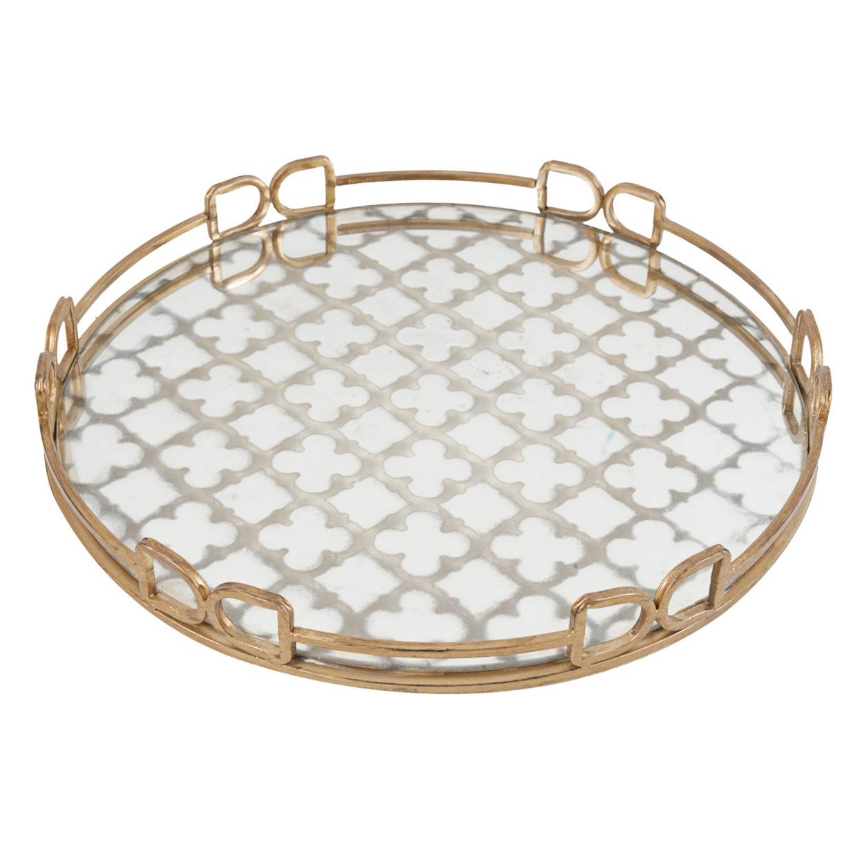 Sui 18 Inch Round Decorative Tray, Glass Bottom And Gold Geometric Frame- Saltoro Sherpi