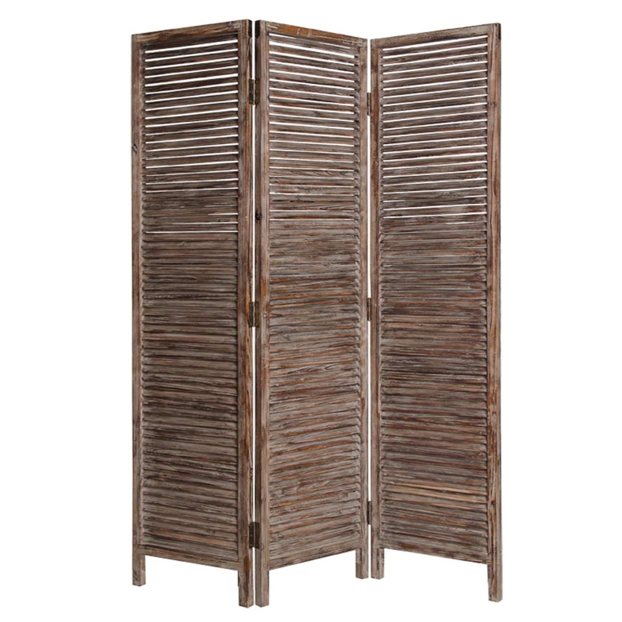 3 Panel 72 Inch Shutter Screen, Wood Slatted Panels, Distressed Brown Finish