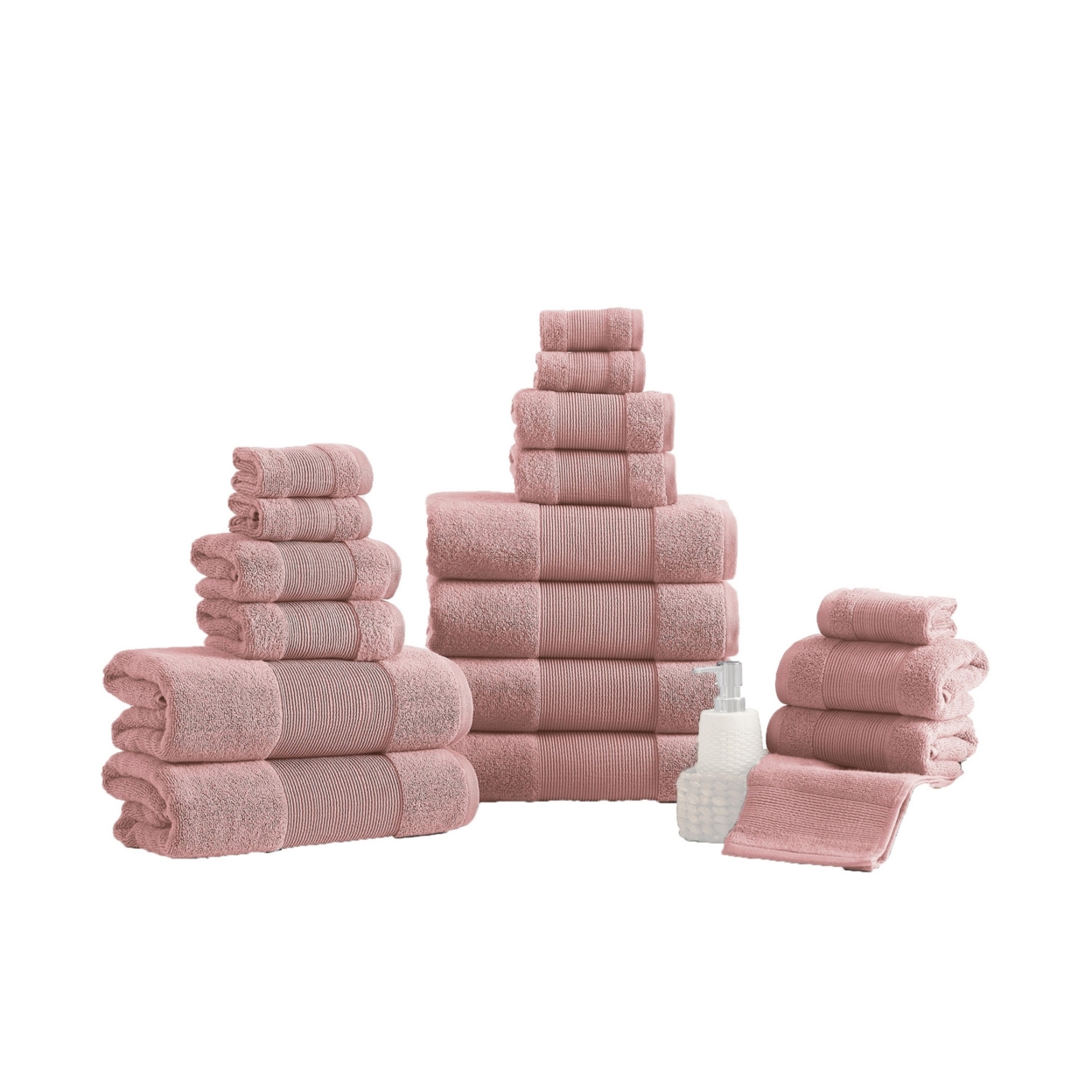 Lyra 18 Piece Ultra Soft Towel Set, Absorbent Textured Cotton Yarn, Pink- Saltoro Sherpi
