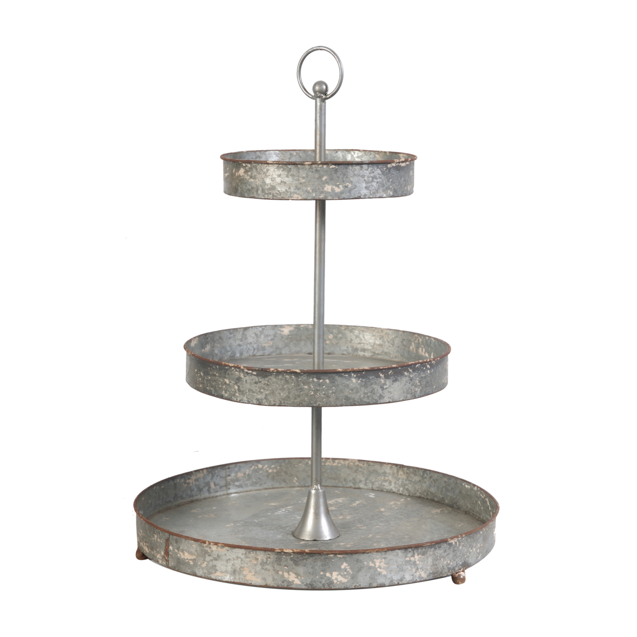 24 Inch Metal Decorative Stand, 3 Tiers With Round Trays, Gray- Saltoro Sherpi