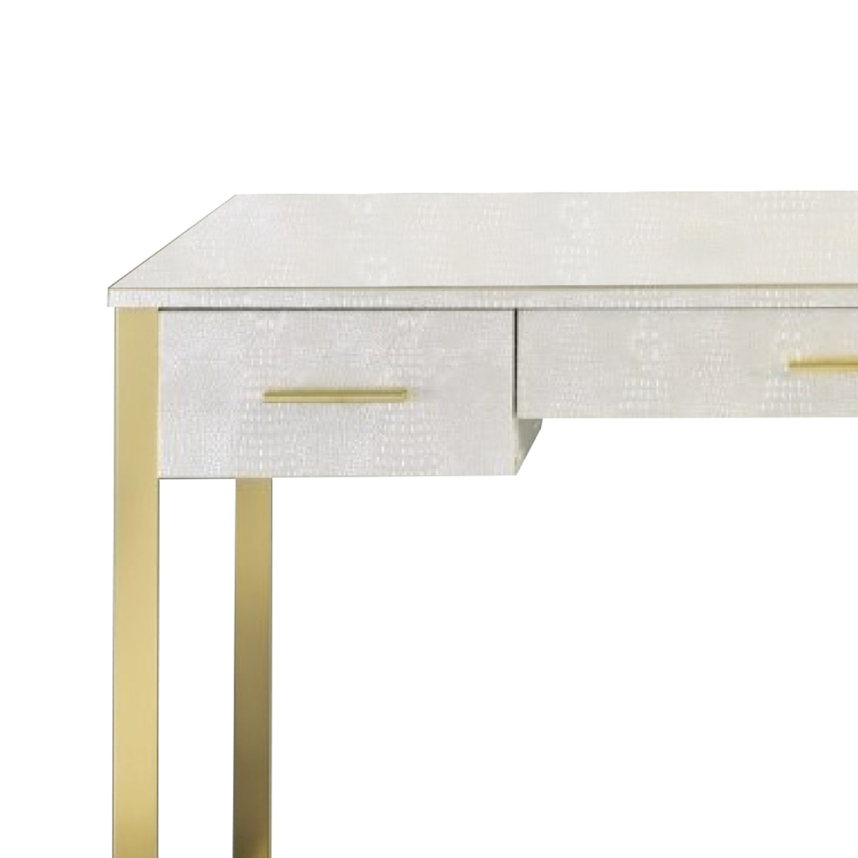 San 50 Inch Textured Vanity Desk With Round Mirror, Gold Sled Base, White- Saltoro Sherpi