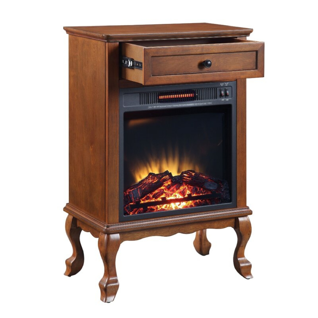 Ryla 34 Inch Wood End Table With LED Electric Fireplace, 1 Drawer, Walnut- Saltoro Sherpi