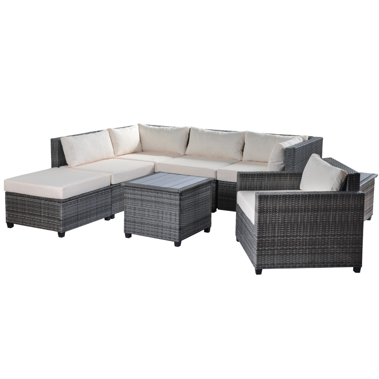 8 Piece Modern Outdoor Sectional Sofa Set, Steel And Rattan Frame, Gray- Saltoro Sherpi