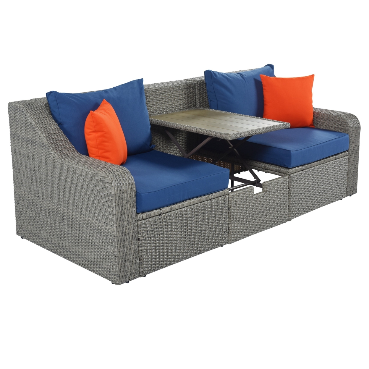 3 Piece Patio Sofa Set With Lift Top Table, Gray Rattan, Blue Cushions- Saltoro Sherpi