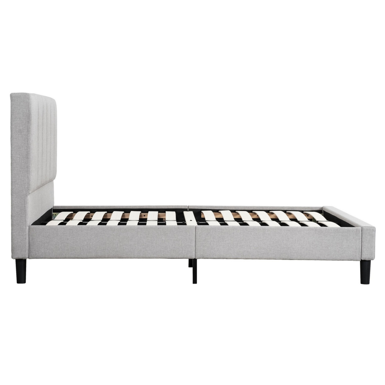 Heli Full Bed, Gray Linen Upholstered Frame, Vertical Tufted Headboard- Saltoro Sherpi