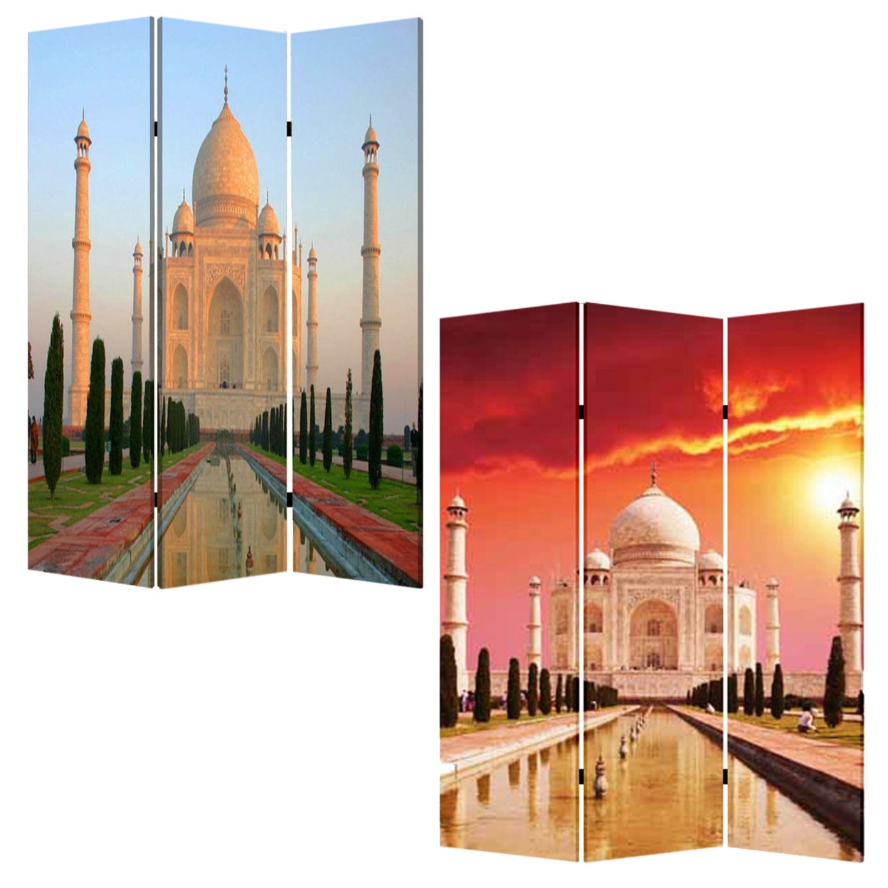 Brar 3 Panel 71 Inch Screen, Taj Mahal Reflecting Pool Print, Multicolor