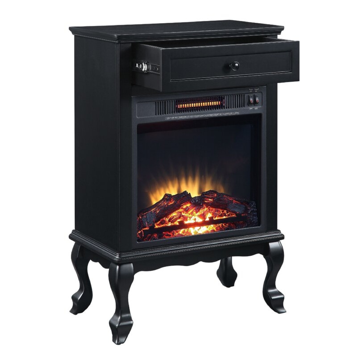 Ryla 34 Inch Wood End Table With LED Electric Fireplace, 1 Drawer, Black- Saltoro Sherpi