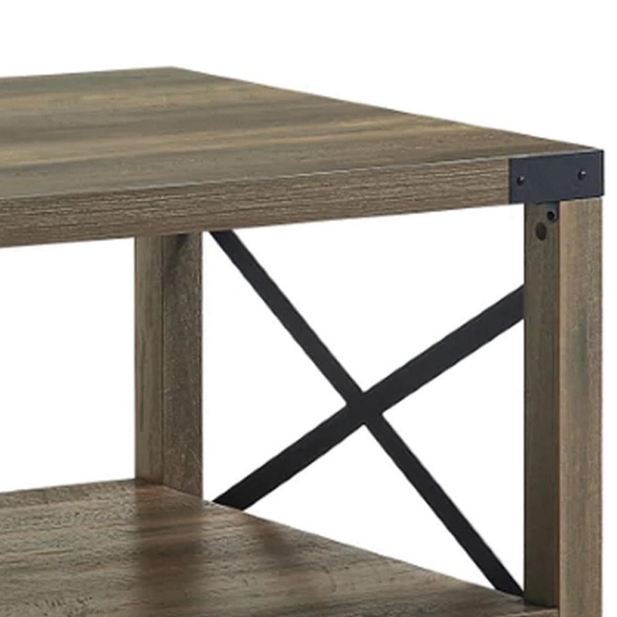 Eli 47 Inch Wood Coffee Table, Metal Brackets, Cross Bars, Rustic Oak Brown- Saltoro Sherpi