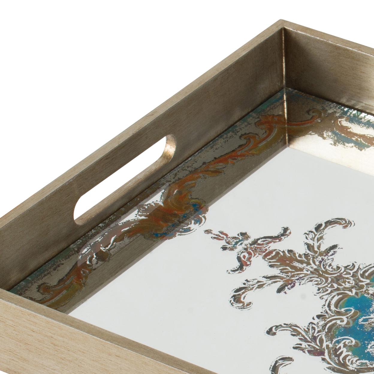 Miki 18 Inch Decorative Tray, Artistic Mirrored Damask Finish, Natural Tone- Saltoro Sherpi