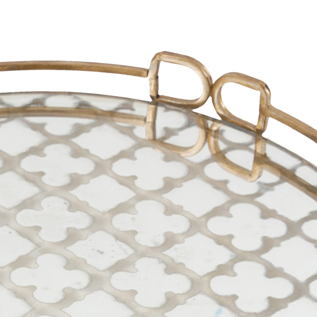 Sui 18 Inch Round Decorative Tray, Glass Bottom And Gold Geometric Frame- Saltoro Sherpi