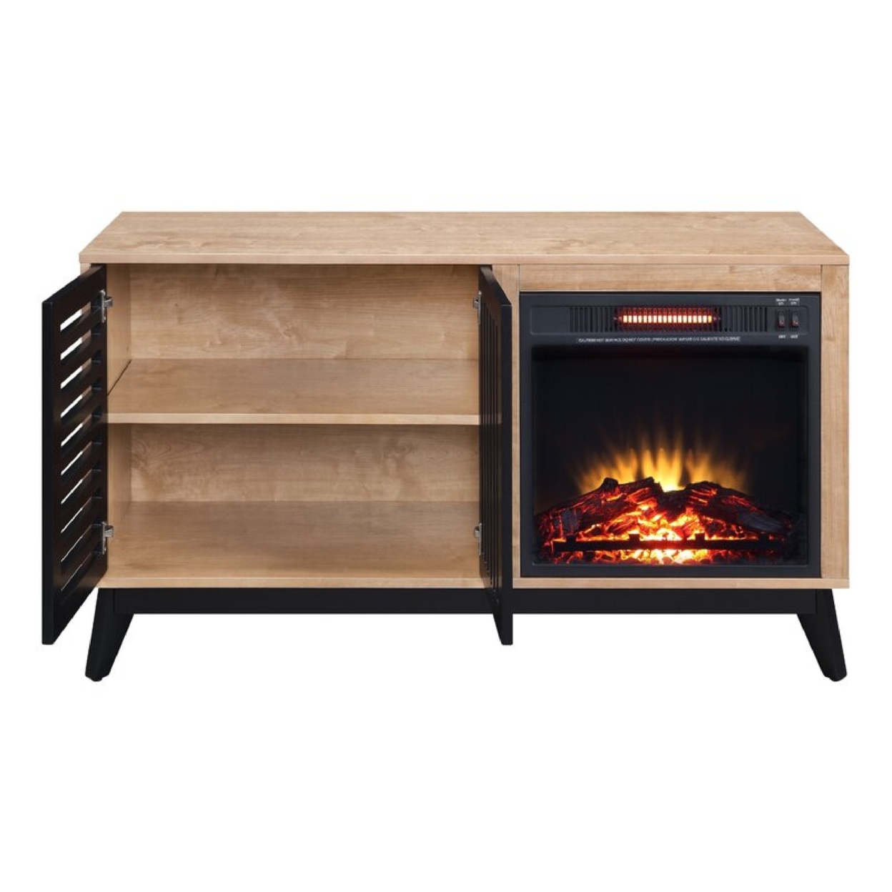 Nael 46 Inch Wood Console Table, LED Electric Fireplace, Oak Brown, Black- Saltoro Sherpi