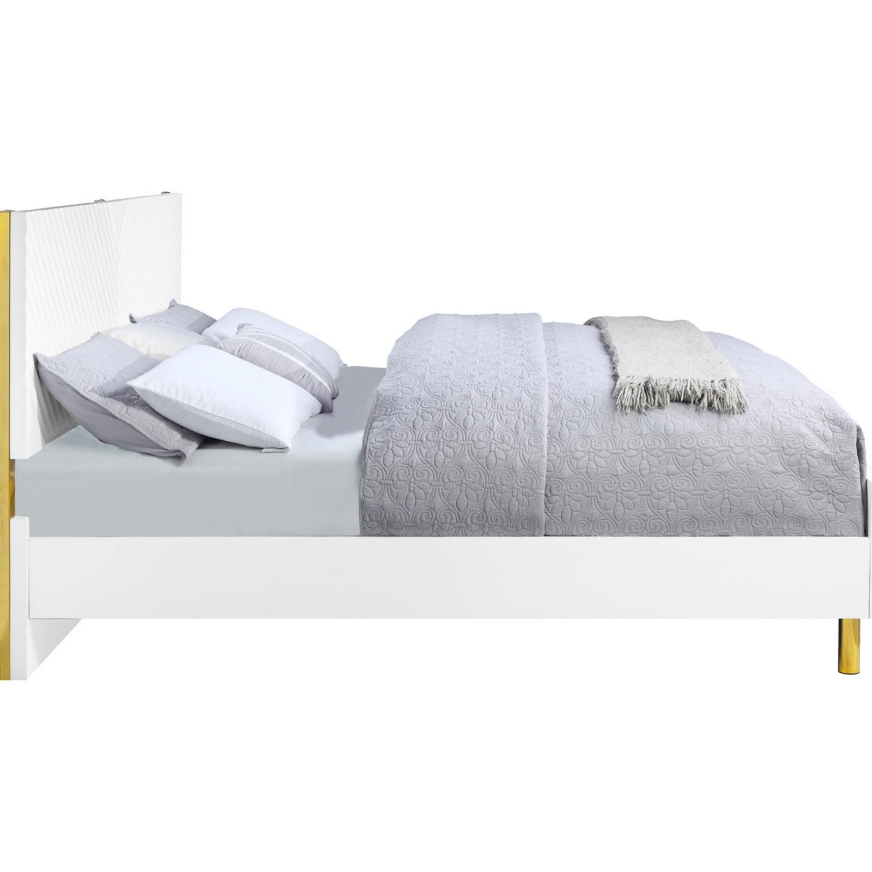 Tyra Modern Wood King Bed, Panel Headboard, Textured Chevron, White, Gold- Saltoro Sherpi