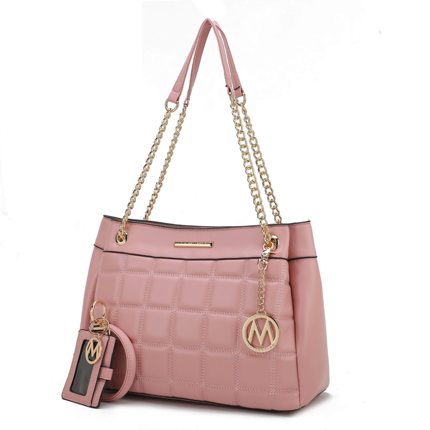 MKF Collection Mabel Quilted Vegan Leather Women's Shoulder Bag With Bracelet Keychain With A Credit Card Holder By Mia K- 2 Pieces - Pink