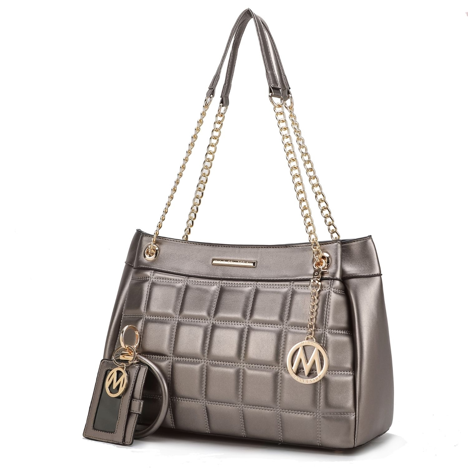 MKF Collection Mabel Quilted Vegan Leather Women's Shoulder Bag With Bracelet Keychain With A Credit Card Holder By Mia K- 2 Pieces - Pewter
