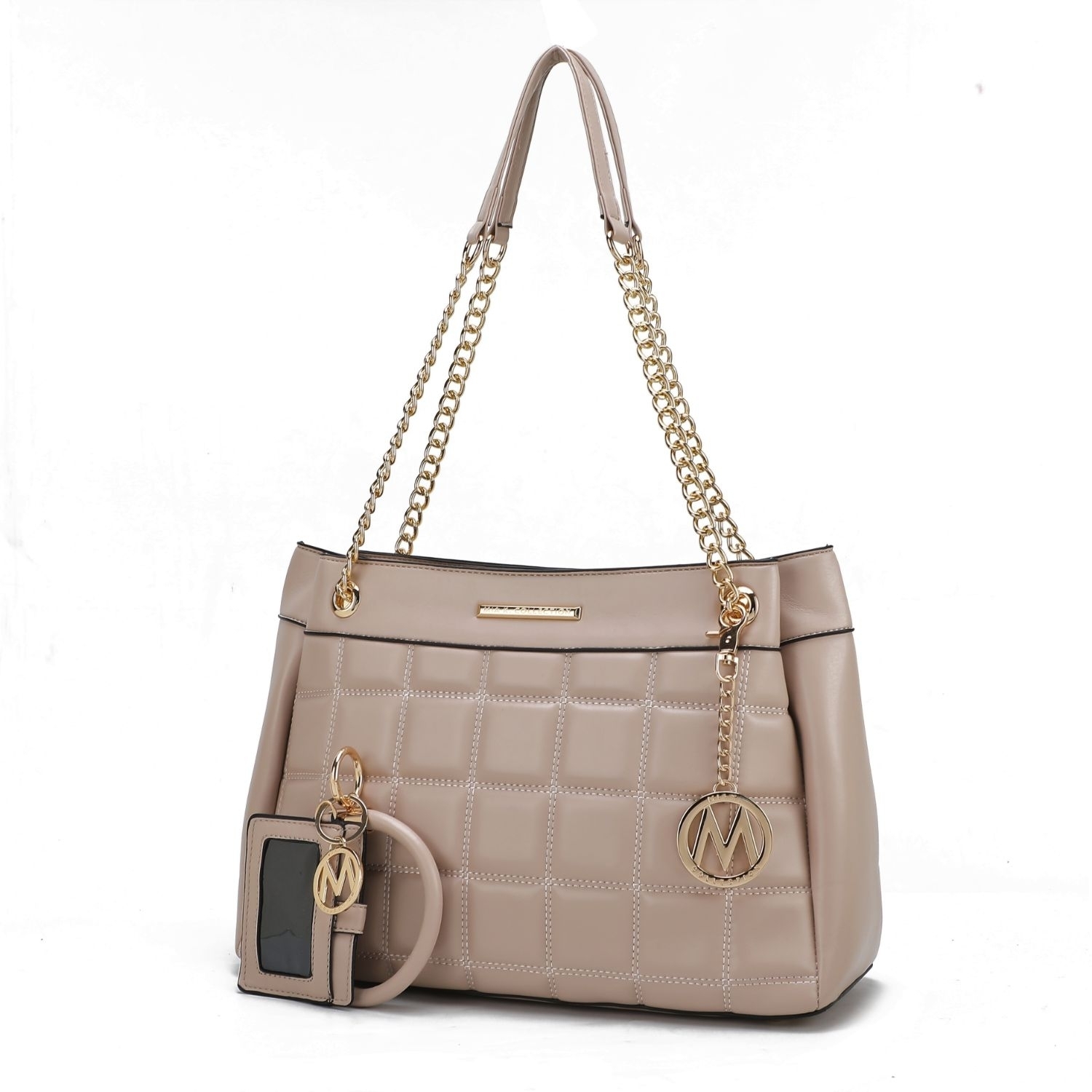 MKF Collection Mabel Quilted Vegan Leather Women's Shoulder Bag With Bracelet Keychain With A Credit Card Holder By Mia K- 2 Pieces - Taupe
