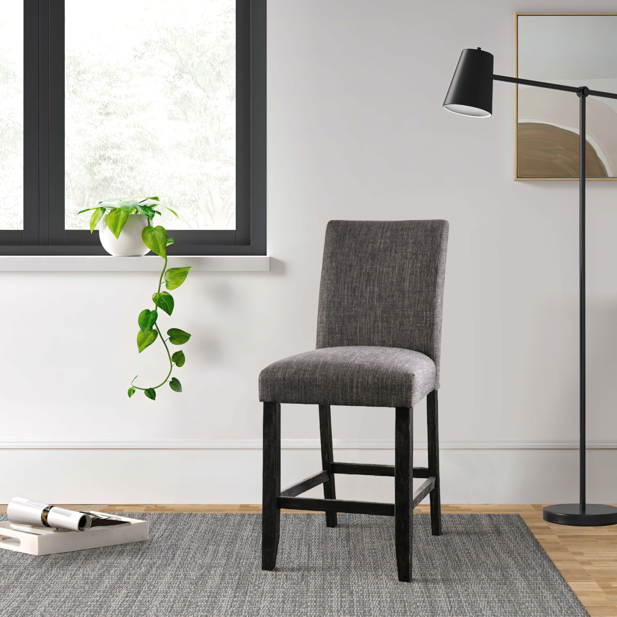 26 Inch Fabric Counter Height Dining Chair, Wood Legs, Gray- Saltoro Sherpi