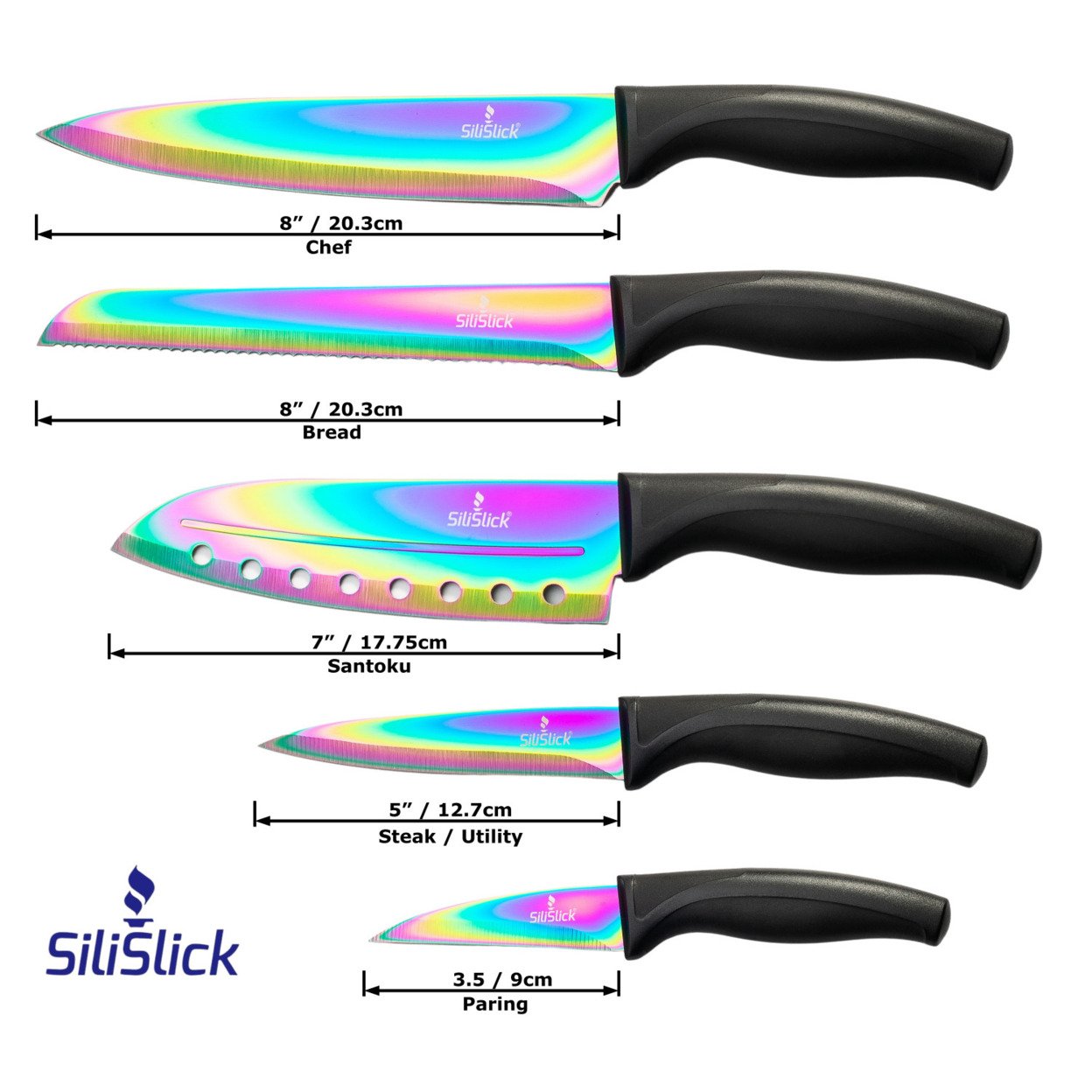 Silislick Stainless Steel Knife Set - Titanium Coated Utility Knife, Santoku,