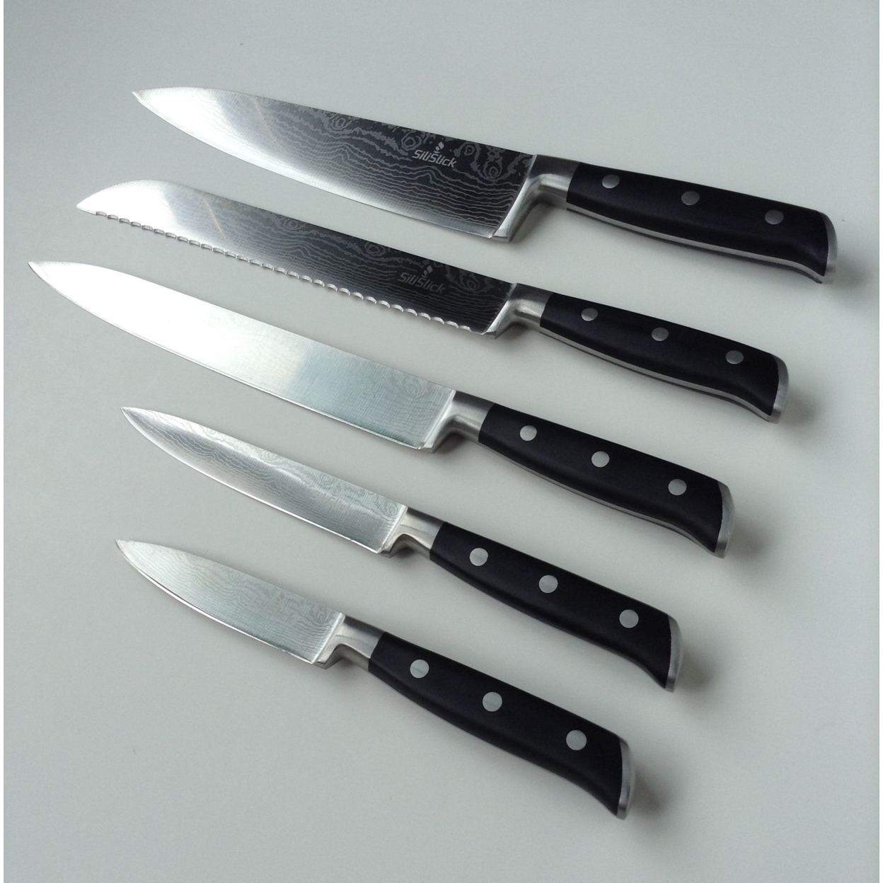 Damascus Etched Full Tang 5 Piece Knife Set