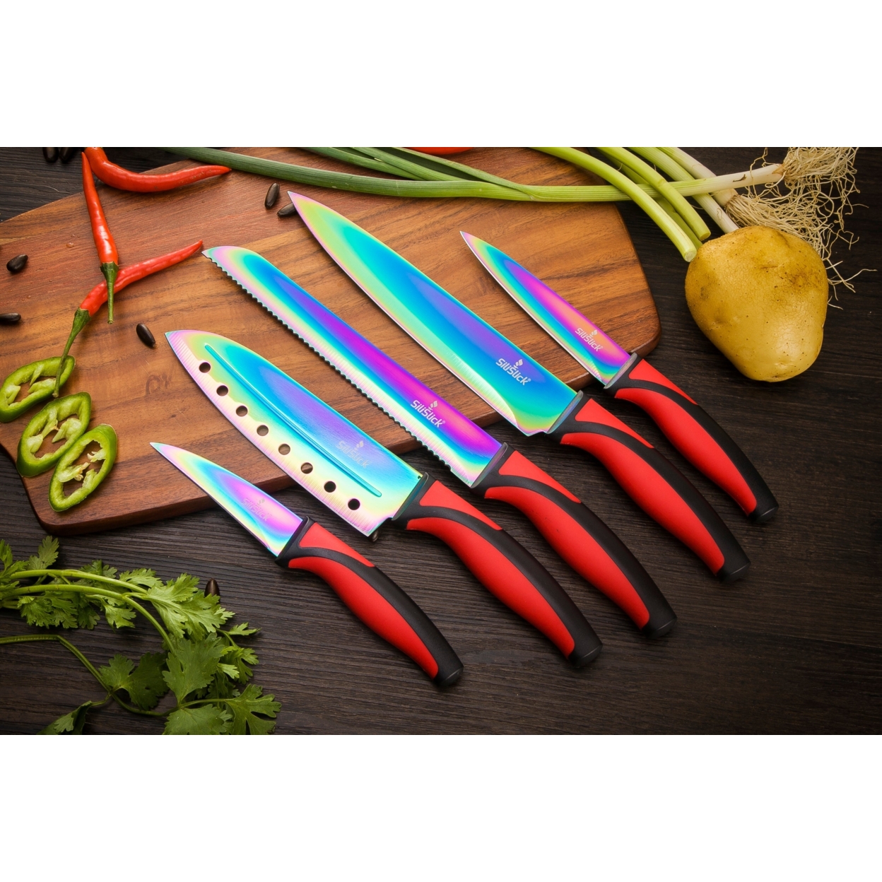 SiliSlick Stainless Steel Red Handle Knife Set - Titanium Coated Stainless Steel Kitchen Utility Knife, Santoku, Bread, Chef, & Paring