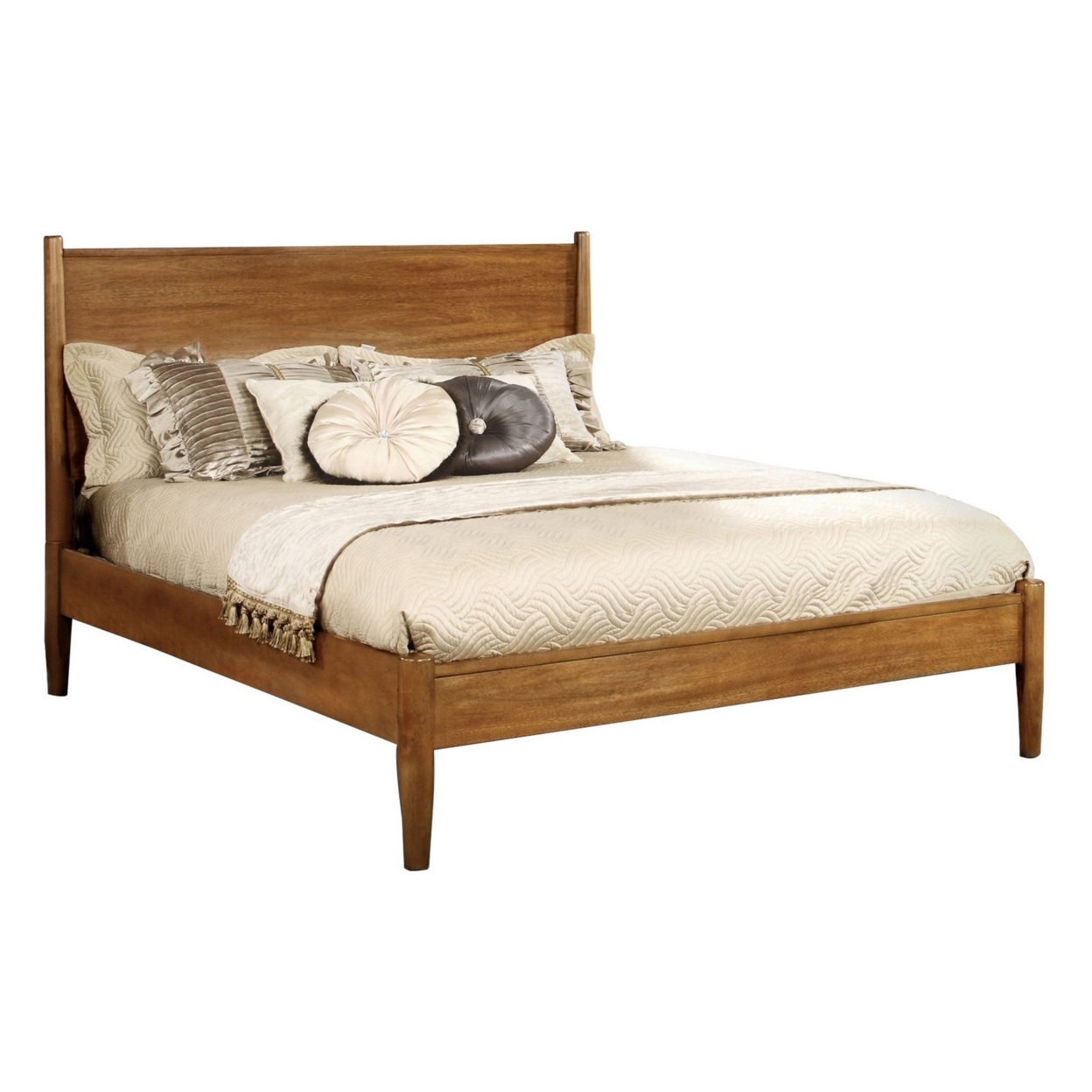 Wooden Eastern King Size Bed With Panel Headboard, Oak Brown- Saltoro Sherpi