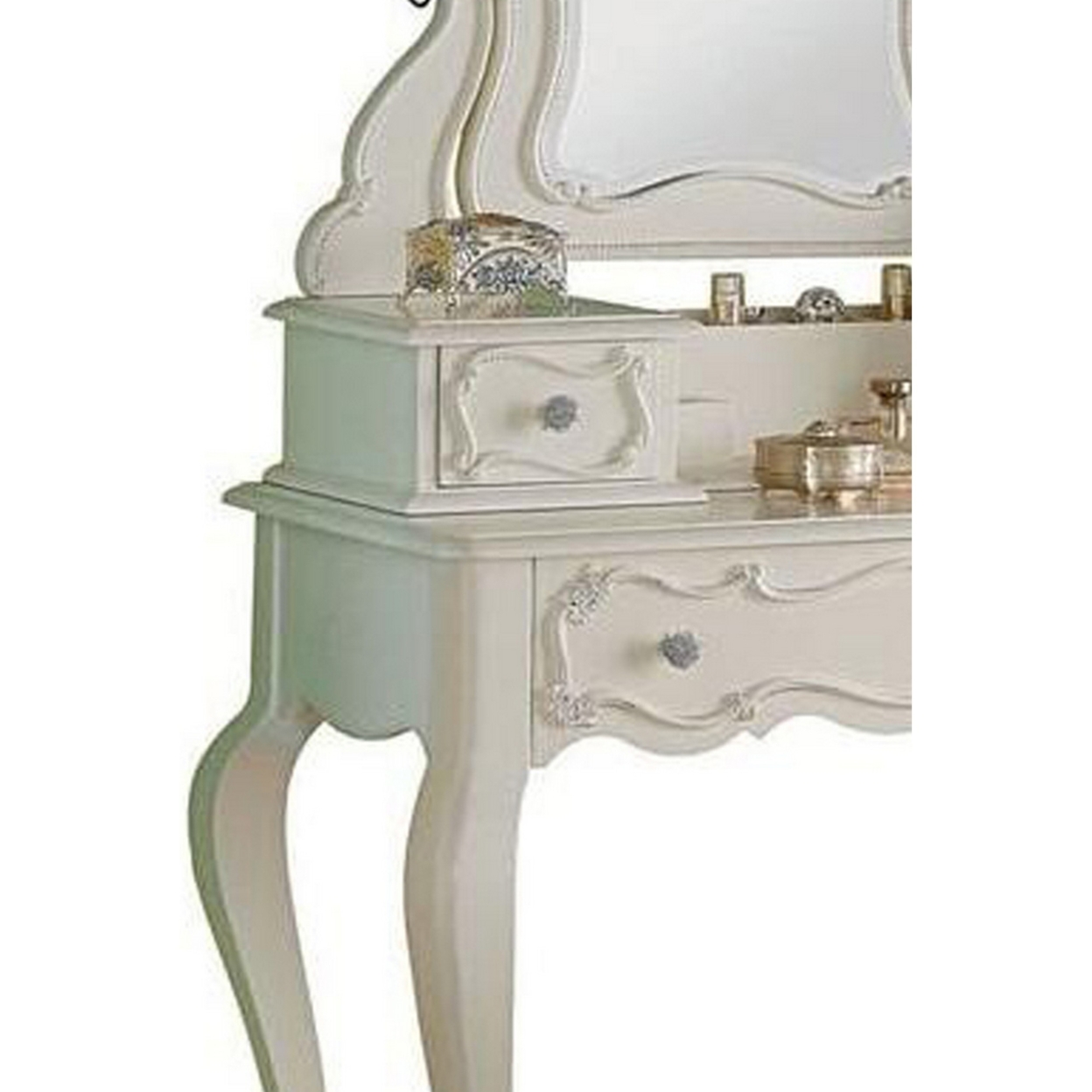 63 Inch Wood Classic Vanity Desk With Mirror, 3 Drawers, Carved, White- Saltoro Sherpi