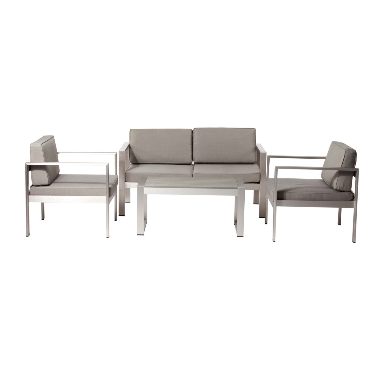 Kili 4 Piece Outdoor Sofa, Chairs And Table Set, Sleek Silver Aluminum- Saltoro Sherpi