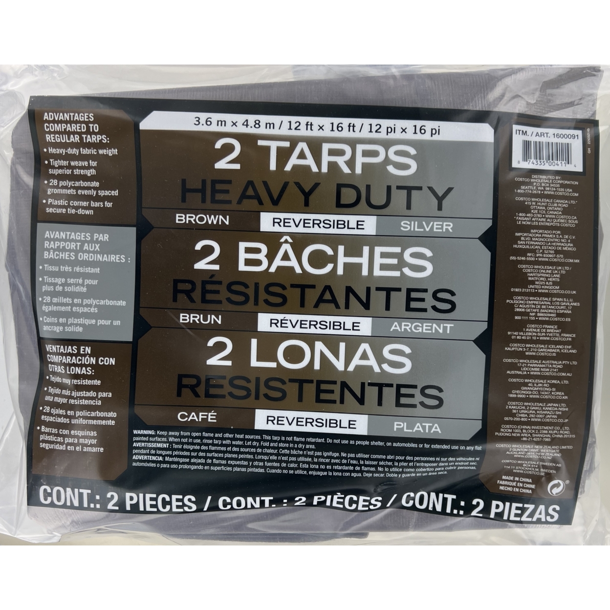Heavy Duty Reversible Tarps, Brown And Silver, 12' X 16' (2 Pack)